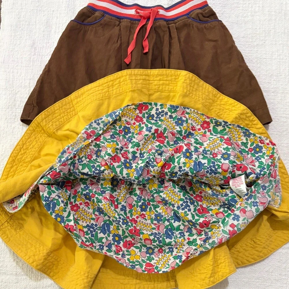 Mini Boden Girls Corduroy Skirt Bundle Mustard Yellow Brown Floral Lined 3-4Y